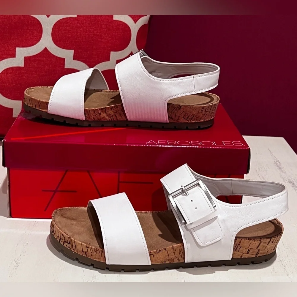 AEROSOLES White Comfy Sandals with Silver Buckle - Picture 3 of 9